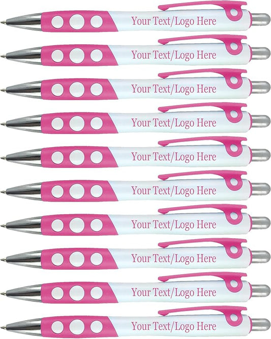 SyPen Personalized Ballpoint Pens With Custom Logo/Text-350 Pack Bulk-for Businesses, Parties, & Events, Custom Printed, White Barrel with Matching Colored Clip and Grip, Click Pens, Black Ink, Pink