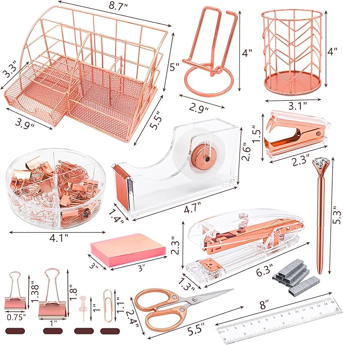 Office Desk Organizers, Rose Gold 13PCS Office Supplies and Accessories Desk organizer, Acrylic Stapler, Staple Remover, Clips, Scissor, Phone Holder, Pen, Pen Holder (Rose Gold)