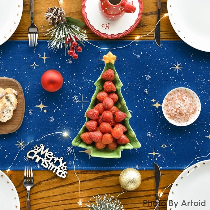 Artoid Mode Xmas Trees Merry Christmas Table Runner, Seasonal Winter Blue Kitchen Dining Table Decoration for Home Party Decor 13x72 Inch