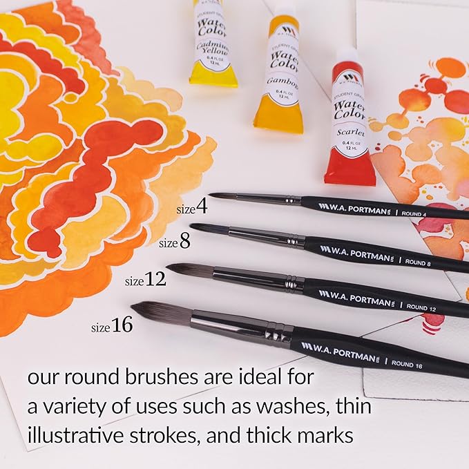 WA Portman Round Acrylic and Watercolor Paint Brushes 4pc Set - 100% Vegan, Cruelty-Free Round Paint Brushes for Acrylic Painting and Watercolor Painting with Triangular Comfort Grip