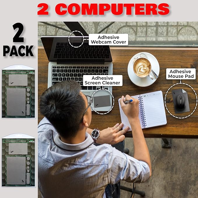 Mouse Pad Adhesive Bottom - Sticks to Any Surface - Portable - Webcam Covers and Screen Cleaner Included (2 x Gray)