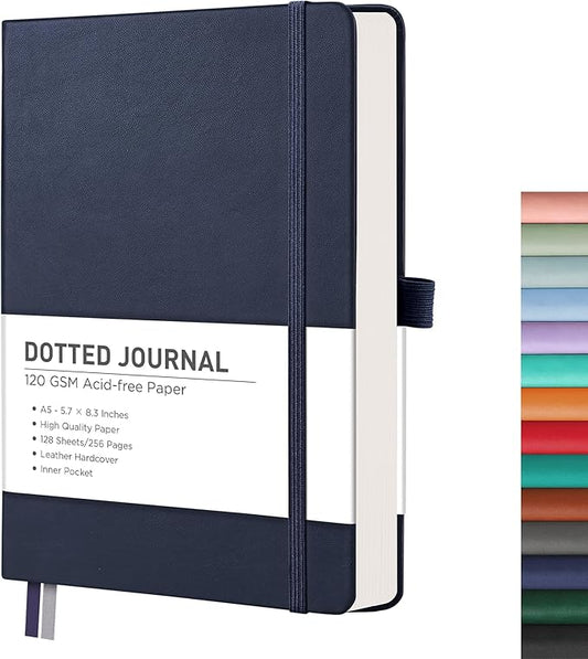 RETTACY Bullet Dotted Journal Notebook, 256 Pages, A5 Medium Size (5.7'' × 8.3''), Leather Hardcover, 120 GSM Thick Paper, for Bullet Journaling, Planning, Tracking (Navy Blue)