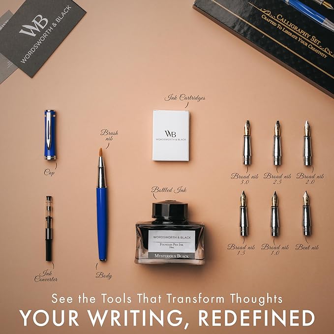 Wordsworth & Black Calligraphy Pen Gift Set, Includes Bottle, 6 Cartridges, Refill Converter, 6 Replacement Nibs, Premium Package, Journaling, Smooth Writing Pens [Blue Chrome]