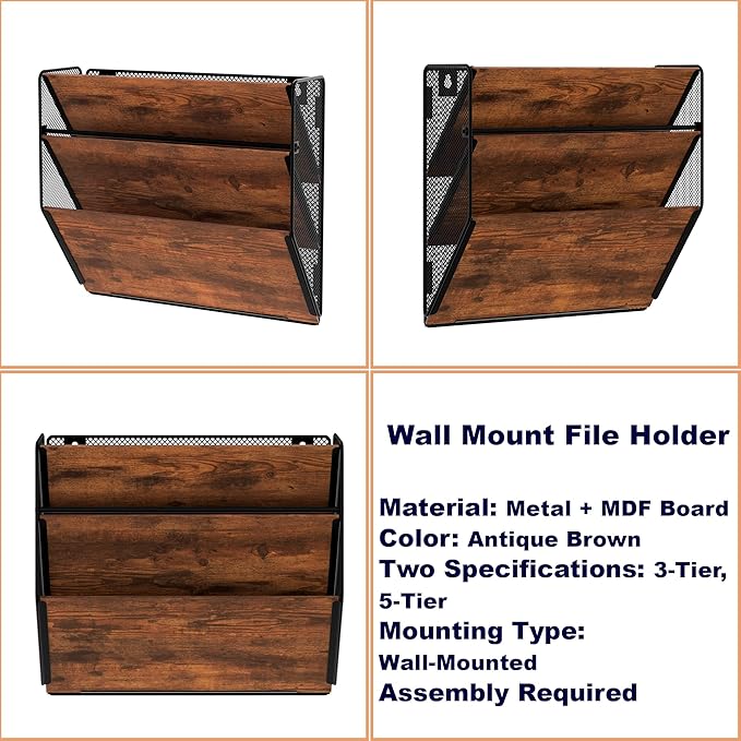 Metal Wall File Holder Organizer, 3-Tier Mesh Hanging Wall File Organizer, Magazine Rack with Pockets, Wood Document Holder for Office Home, Brown