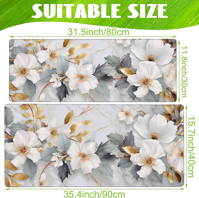 Desk Mat,White Gold Marble Desk Pad,White Flowers Golden Leaves Large Gaming Mouse Pad for Desk,Extended Big Computer Keyboard Mouse Pad with Non-Slip Base and Stitched Edge,35.4"x15.7"