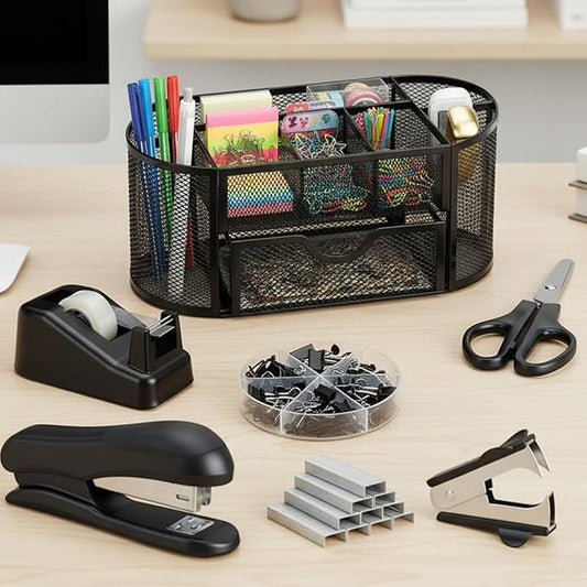 Black Office Desk Accessories Supplies Desk Organizer and Accessories with Mesh Desktop Organizer Stapler 1000 Staples Tape Dispenser Staple Remover Clips Scissors Gifts for Office Clerk