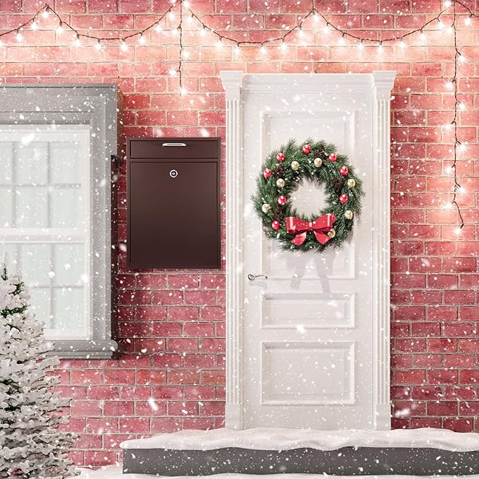 Locking Mailbox with Key for Outdoor 16.2 x 11.2 x 4.7 Inches Large Wall Mount Mail Box with Lock Security Mail Drop Metal Collection Boxes Hanging Secure Postbox(Brown)