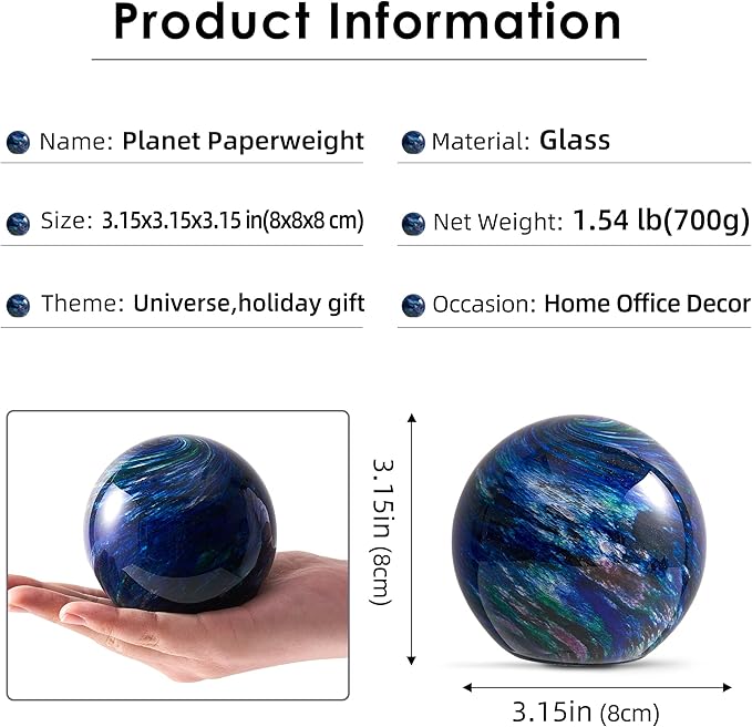 Hand Blown Glass Figurines Ball Ocean Waves,Office Paperweight Glass for Desk,Home Decor Collectible,Aquarium Decor,Office Decor Ocean Lovers (Planet)