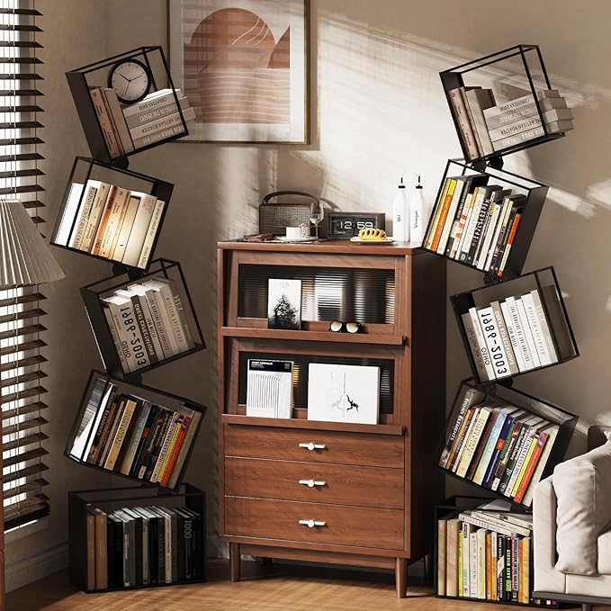 5-Tier Metal Geometric Bookshelf – Modern Narrow Floor Bookcase, Space-Saving Organizer for Living Room, Bedroom, Office, Corner – Black