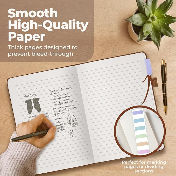 Classic Lined Journal Notebook 8.5x11" A4 Hardcover Leather - Brown - 200 Pages College Ruled Large with Sticky Tabs, Pockets, and Pen Loop for Writing and Journaling - Big Hardback Men and Women