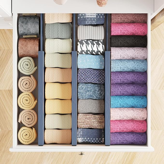 SpaceAid Bamboo Dresser Drawer Dividers 6 Pack, 4.65“ High Adjustable 12.5“-17” Drawer Organizers, Expandable Organization for Clothing, Clothes, Dressers, Navy Blue