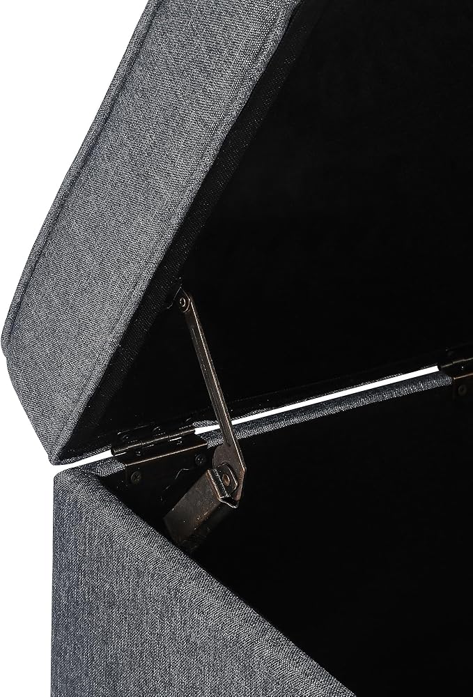 Adeco 17.5" Square Fabric Ottoman with Storage, Upholstered Cotton Linen Foot Rest, Flip Top Footstool, Small Cube Coffee Table Extra Seat for Living Room, Bedroom, Grey with Burlywood Legs