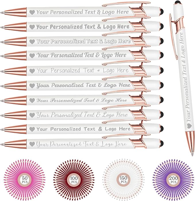 STREADVE Personalized Custom Pens 10 Engraved Writing Pen with Name Logo, Customized Promotional Items Stylus Pen Gifts for Communion Wedding Men Women Realtor Business, White