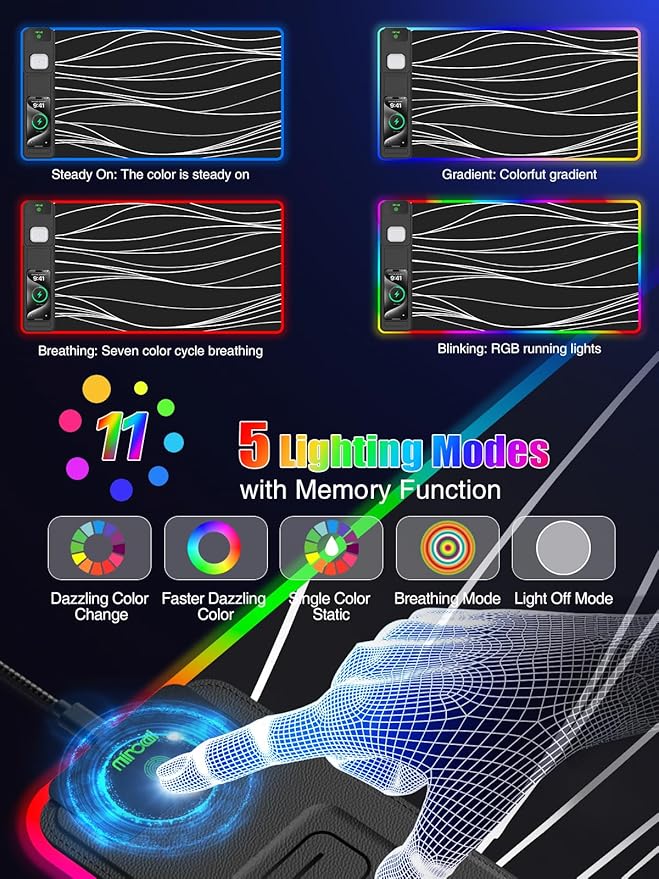 Mouse Pad with Foldable Phone Holder & Wireless Charger, XXL RGB Gaming Mousepad 31.5"x15.8" Large Desk Mat for Keyboard, Black Desk Pad with Dual Qi Charging Station | 11 Colors 5 Modes | Waterproof