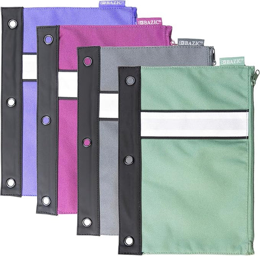 BAZIC Pencil Pouch 3 Ring Binder Pouch w/Rivet Enforced Rings Holes, Zipper Pouches Bag, Assorted Color, 24-Pack