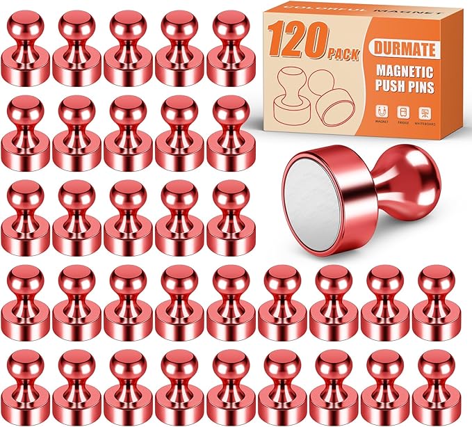 Strong Magnets for Fridge, Mini Whiteboard Magnets, Red Metal Magnetic Push Pins, 120 Pack Magnetic Clips Heavy Duty for Kitchen Accessories, Office Accessories, Locker, Desk