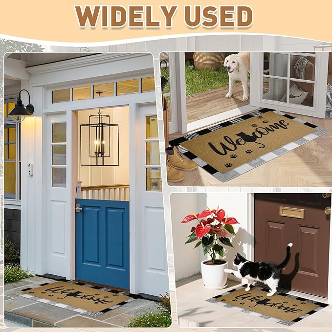 2 Pcs Halloween Welcome Door Mat 30 x 17 Inch Black Cat Coir Doormats for Front Door Cat Paw Door Mat Non Slip 2-in-1 Buffalo Plaid Rug for Outside Entrance Porch Home Patio Decor