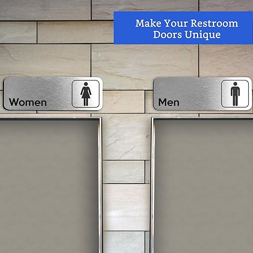 Men and Women Restroom Sign (Brushed Aluminum Set of 2) - Modern Bathroom Sign for Business - Restroom Signs for Business