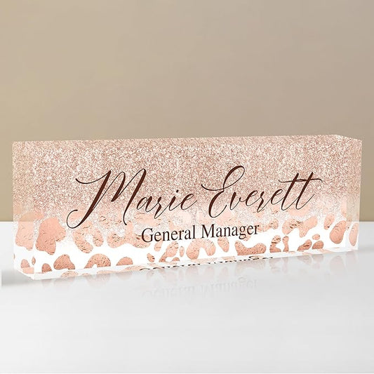 Personalized Name Plate for Desks, Custom Desk Name Plates, Acrylic Name Plate Office Desk Accessories, Personalized Office Gifts for Coworkers Teachers, Employee Appreciation Gifts (B-Leopard Print)