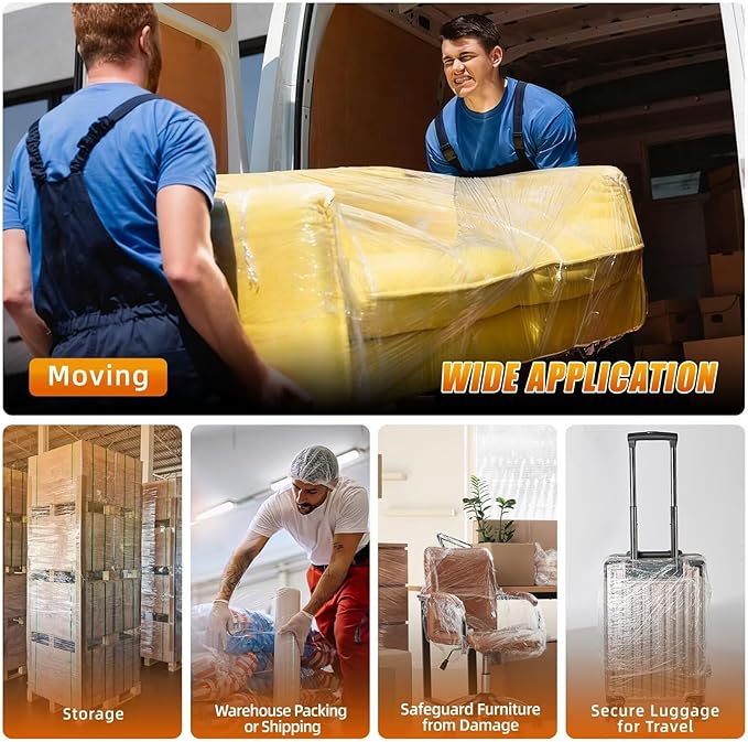 BETU Plastic Wrap Stretch Film for Moving Supplies 18inch X 1000ft, Shrink Wrap Stretch Roll Industrial for Furniture Wrapping Shipping Pallet Moving Boxes Storage with Handles, 1 Pack, Clear