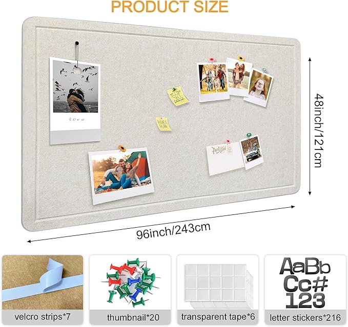 Large Bulletin Board - Foldable 96x48 Inches Cork Board Alternative with 20 Push Pins and 237 Pcs Glitter Letters, 8' x 4' Self-Adhesive Felt Bulletin Board for Wall, Home Office Decor