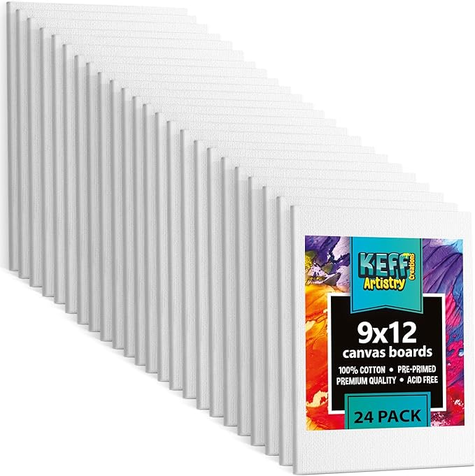 KEFF Canvas Boards for Painting - 9x12 24-Pack Bulk Canvas Panels Value Pack - 100% Cotton Triple Primed Canvases for Painting Supplies, Acrylic, Oil, Watercolor & Tempera