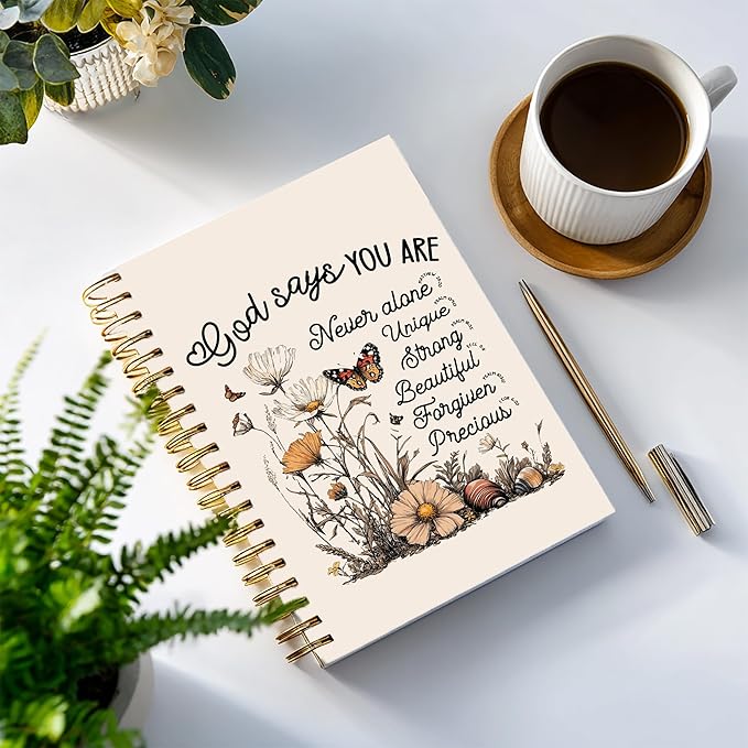 Bible Notebook, A5 Spiral Christian Journal with Floral Notebook, Bible Verse-God Says You Are, Inspirational Notebooks for Women, Bible Study, Gift for Birthday Christmas