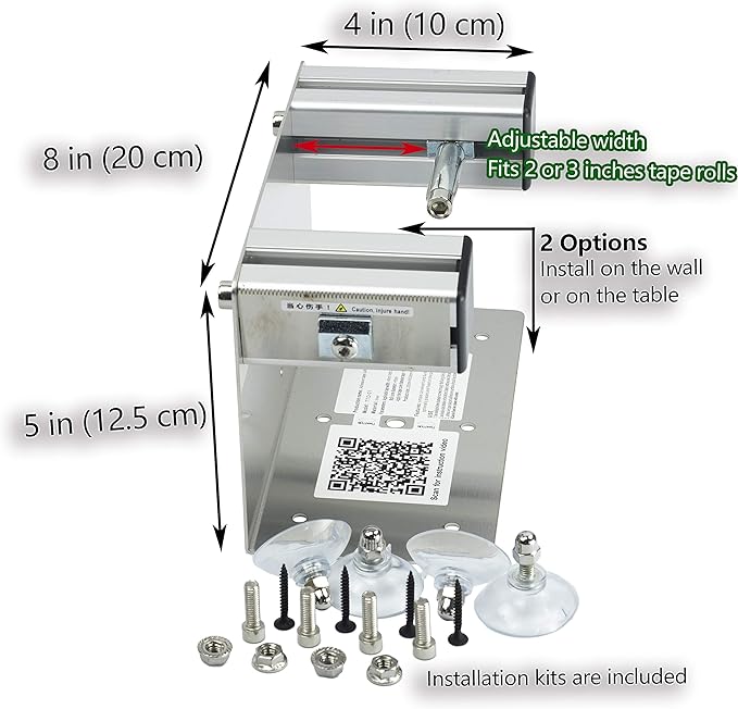 2''/3'' Desktop Table Top/Wall Mounted Tape and Label Dispenser, Large Desktop Tape Dispenser, Stainless Steel Frame with Sucktion Cup Sucker TTD-01