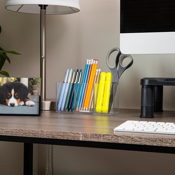 Mind Reader Pen and Accessories Holder, Desktop Organizer, Makeup Organizer, Office, Acrylic, 7" L x 2.5" W x 3.5" H, Clear