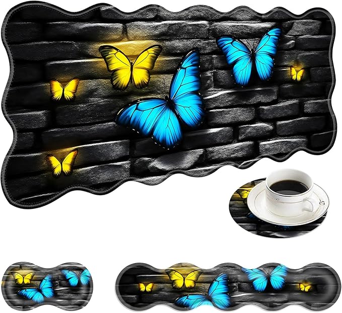 Large Mouse Pad and Keyboard Wrist Rest, Desk Pad for Keyboard and Mouse, 4-in-1 Large Gaming Mouse Pad with Wrist Support, Desk Mat for Home Office Study Game-Blue and Yellow Butterflies