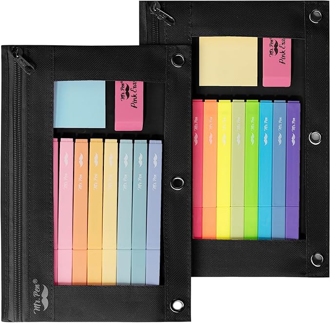 Mr. Pen Fabric Pencil Pouch with 3 Binder Holes, Black, Set of 2