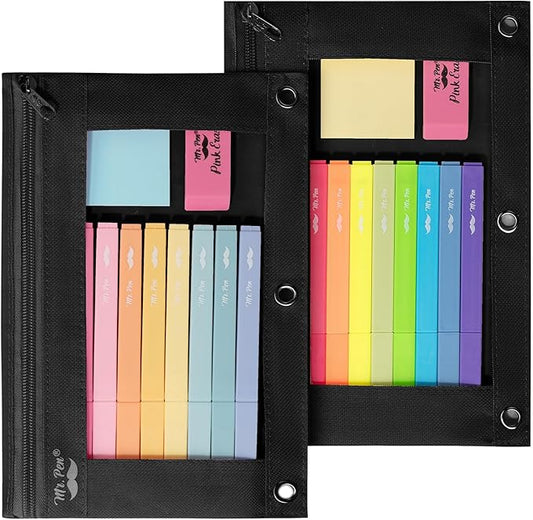 Mr. Pen Fabric Pencil Pouch with 3 Binder Holes, Black, Set of 2