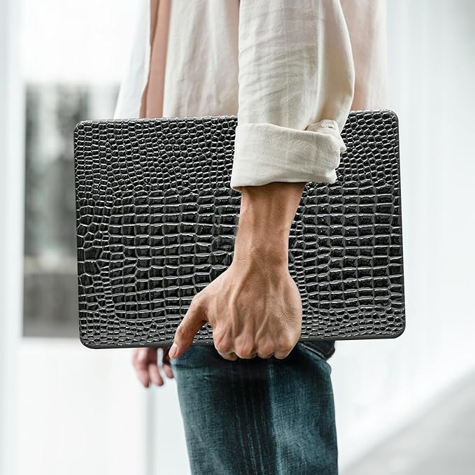for MacBook Pro 14 inch Case 2025-2021 M5 M4 M3 M2 M1 A3434 A3112 A3185 A3401 A2918 A2992 A2779 A2442,Crocodile Textured Alligator Skin Print Leather Glossy Hardshell&Keyboard Cover Black