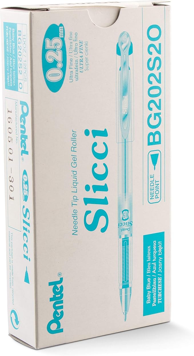Pentel Arts Slicci 0.25 mm Extra Fine Gel Pen, Baby Blue Ink, Box of 12 (BG202-S2)