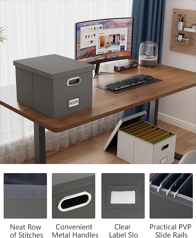 Oterri File Organizer Box with Lid, Portable Hanging File Box for Office/Decor/Home, 1 Pack, Gray (Leather)