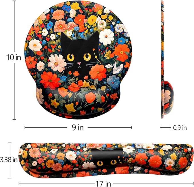 Dapesuom Keyboard Wrist Rest and Mouse Pad with Wrist Support, Cute Memory Foam Cushion for Keyboard and Mouse Set, Desktop Pad Rests with Non Slip Base for Easy Typing & Pain Relief, Cat Flower Bush