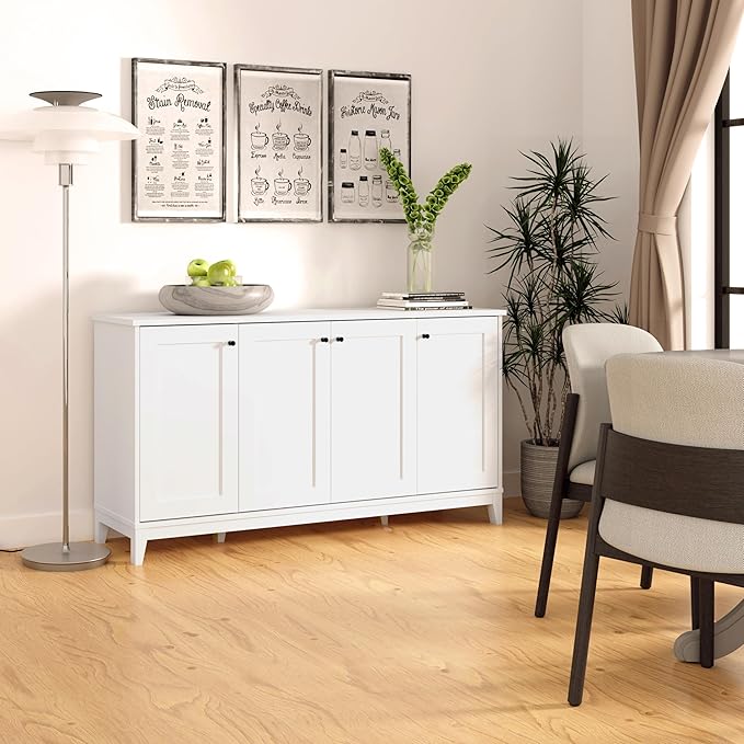 Prepac Yaletown 4 Panel Door Console Table with Storage, White Storage Cabinet with Doors and Shelves, Sideboard Storage Cabinet 60" W x 32" H x 16" D, WCBG-2220-1