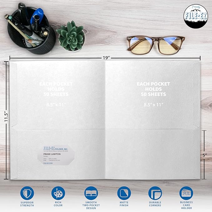 FILE-EZ Two-Pocket Folders, White, 25-Pack, Textured Paper, Letter Size (EZ-32510)