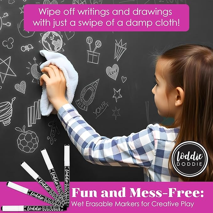 Loddie Doddie Fine Liquid Chalk Markers for Chalkboard - 5 Count Erasable Low-Odor White Chalkboard Markers with Fine Tip - White Chalk Pens - Erasable Pens