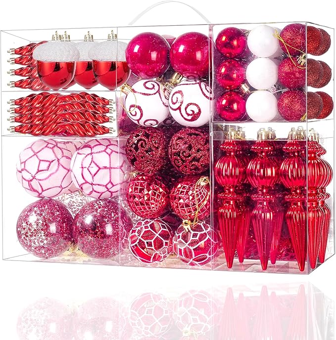 123pcs Christmas Ball Ornaments Set, Shatterproof Plastic Balls for Classic Xmas Decorations, Hanging Ornaments for Christmas Tree, Holiday, Bridal, Home Party, Red and White