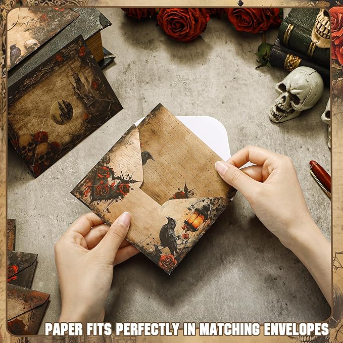 TaoBary 160 Pcs Stationery Paper Set 50 Double Sided Stationery Papers with 50 Matching Envelopes and 60 Round Dot Sticker, 10 Design(Gothic Style,8.25 x 5.5 Inch)