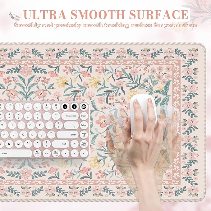 iCasso Pink Floral Desk Mat, Desk Pad, XXL Large Mouse Pad, Anti-Slip Big Mousepad with Stitched Edges, Computer Mouse Pads for Desktop for Women(Pink)