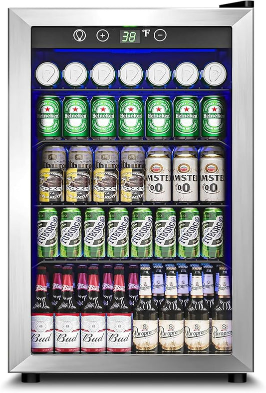 4.5 Cu.Ft Beverage Refrigerator Cooler - 145 Can Mini Fridge Glass Door for Soda Beer Wine, Small Refrigerator for Bedroom Office Home Bar, 4 Adjustable Shelves, Silver