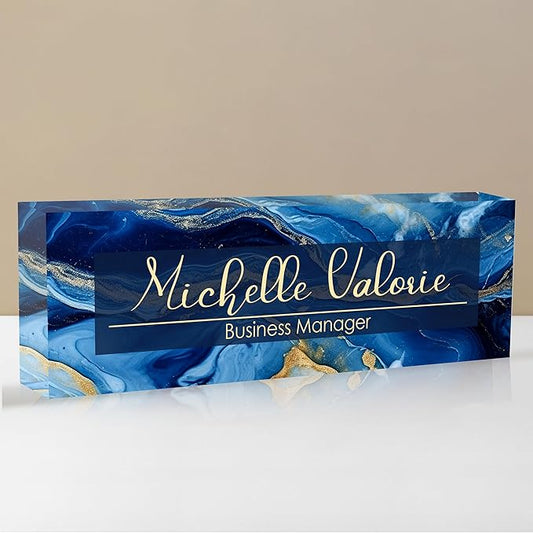 Personalized Name Plate for Desk, Custom Desk Name Plate, Acrylic Name Plate Office Desk Accessories, Personalized Office Gifts for Coworkers Teachers, Employee Appreciation Gifts (B-Blue Marble)