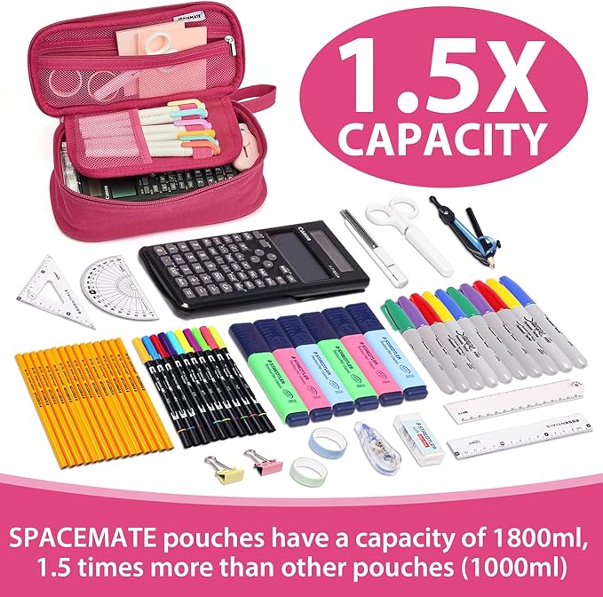 Pencil Case Pouch Box Bag School Supplies Girls Boys Kids, Cute Preppy Stuff Large Big Capacity Aesthetic Pen Organizer, Back to College Stationary, Dark Pink, Heavy Duty Canvas, 1800ml