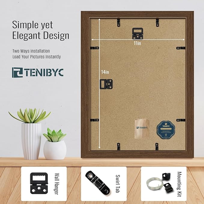 11x14 Picture Frame Set - 4 Pack, Brown Wood Grain 11 x 14 Photo Frame, HD Tempered Glass, Wall Hanging, Gift for Friend