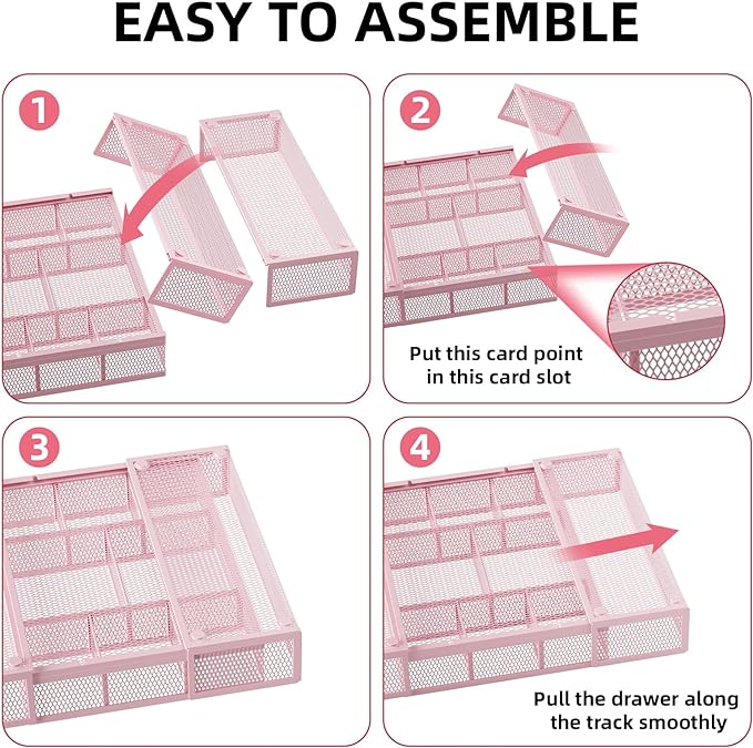 Marbrasse Expandable Desk Drawer Organizer, Mesh Tray with 10 Adjustable Compartments, Desk Organizers for Office Supplies, Makeup & Vanity (Expandable-Pink)