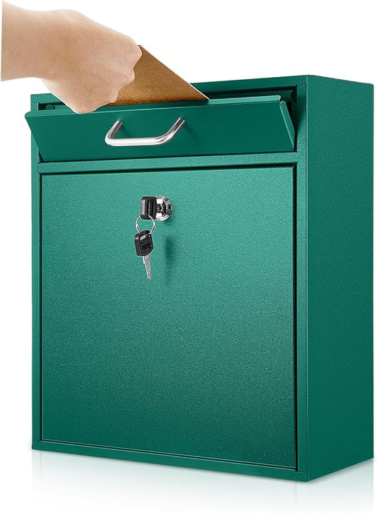 Locking Mailbox with Key for Outdoor 12 x 10.5 x 4.7 Inches Large Wall Mount Mail Box with Lock Security Mail Drop Metal Collection Boxes Hanging Secure Postbox(Green)