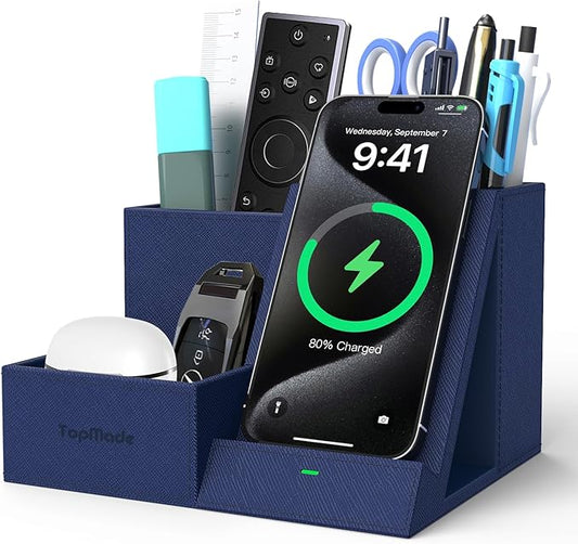 TopMade Wireless Charger with Desk Nightstand Organizer, Leather Pen Pencil Holder Bedside Fast Charging Station, for iphone Charging Stand Office Supplies Desk Accessories, Gifts for Men(Blue)