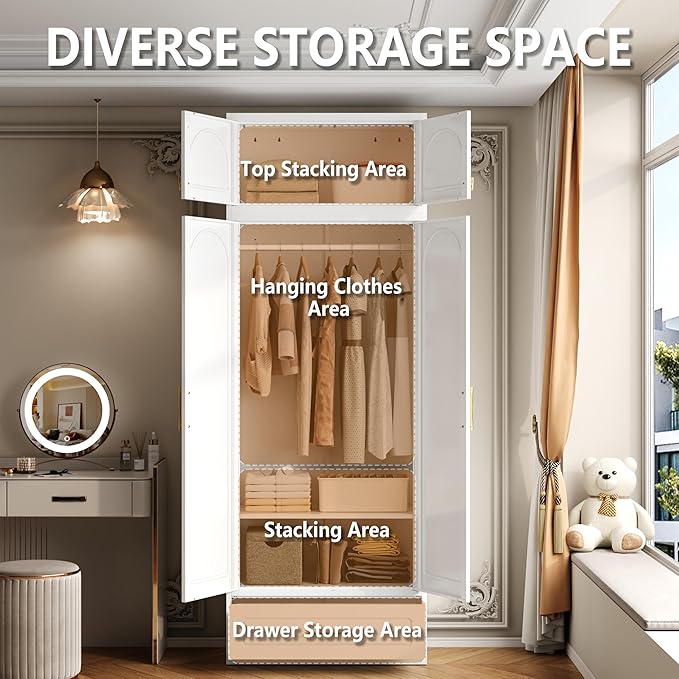 Metal Armoire Wardrobe Closet with Drawer, Freestanding Wardrobe Cabinet with Hanging Rod, Large Clothing Storage Cabinet with Doors for Bedroom, 18" D x 32" W x 86" H, White, Assemble Required